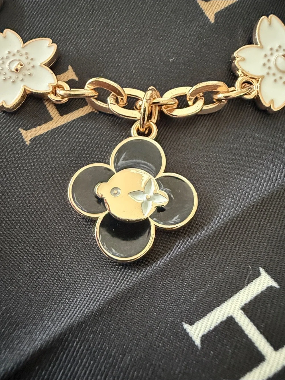 Gold-Tone Floral Charm  with White and Black Enamel handmade